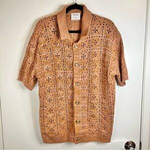 Men’s Tan Short-Sleeve Knit Crochet Cardigan - Size XL